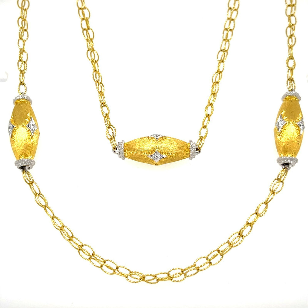 Textured 18k Yellow Gold & 0.70ct Diamond Station Necklace w/ White Gold Accents, 35 inches.