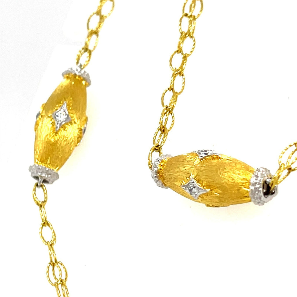 Textured 18k Yellow Gold & 0.70ct Diamond Station Necklace w/ White Gold Accents, 35 inches.