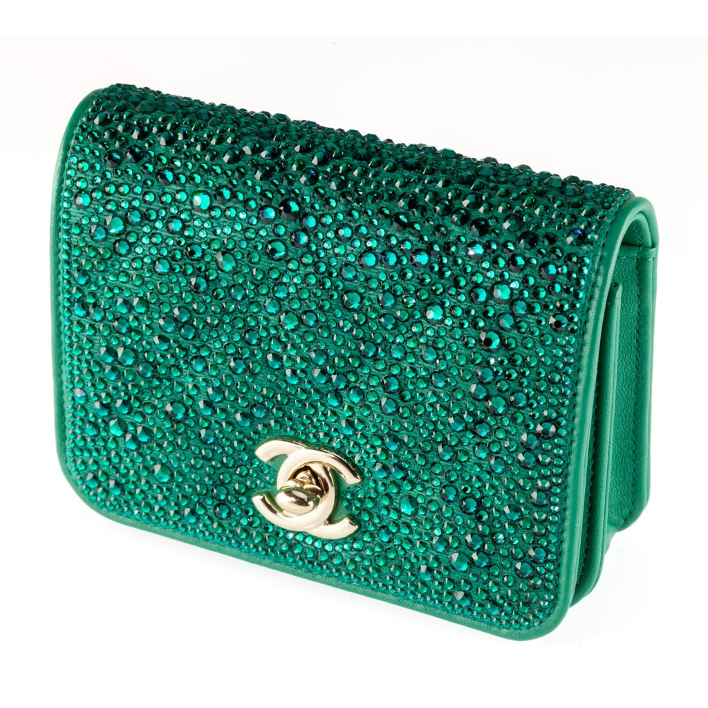 Chanel 22A Strass Diamante Green Lambskin Clutch Purse Box and Dustbag AP2879