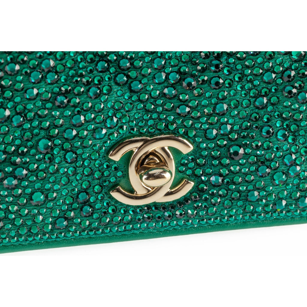 Chanel 22A Strass Diamante Green Lambskin Clutch Purse Box and Dustbag AP2879