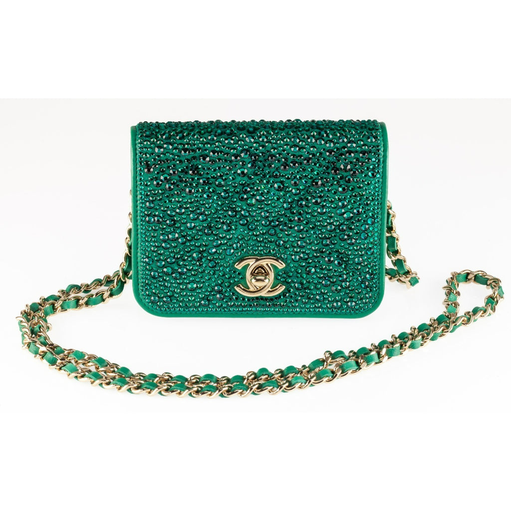 Chanel 22A Strass Diamante Green Lambskin Clutch Purse Box and Dustbag AP2879