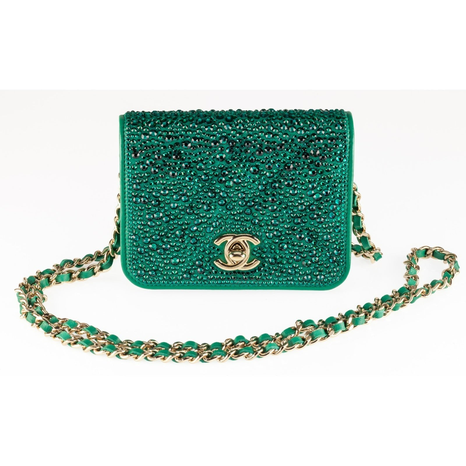 Chanel 22A Strass Diamante Green Lambskin Clutch Purse Box and