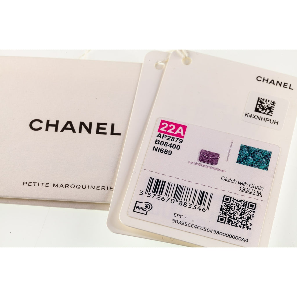 Chanel 22A Strass Diamante Green Lambskin Clutch Purse Box and Dustbag AP2879