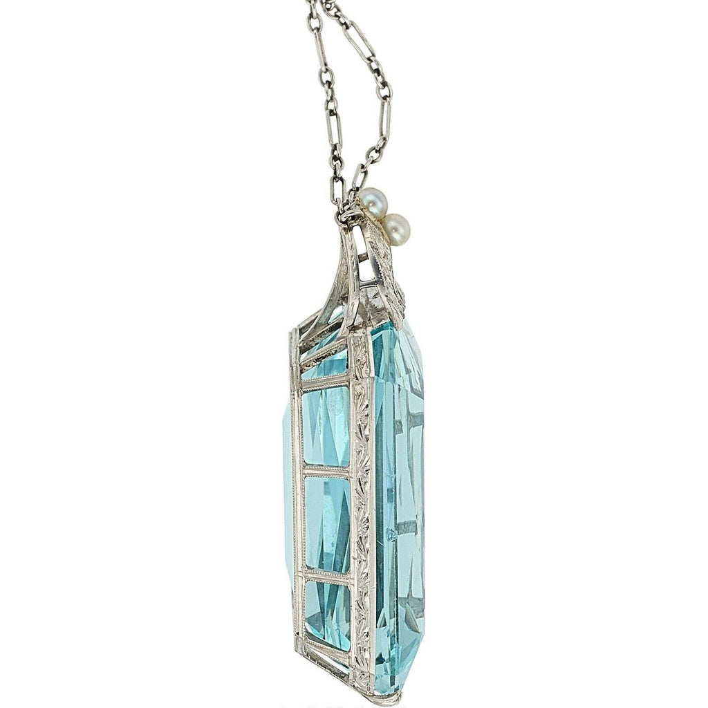 Platinum Necklace W/ Aquamarine Stone, Diamond, & Seed Pearl Pendant