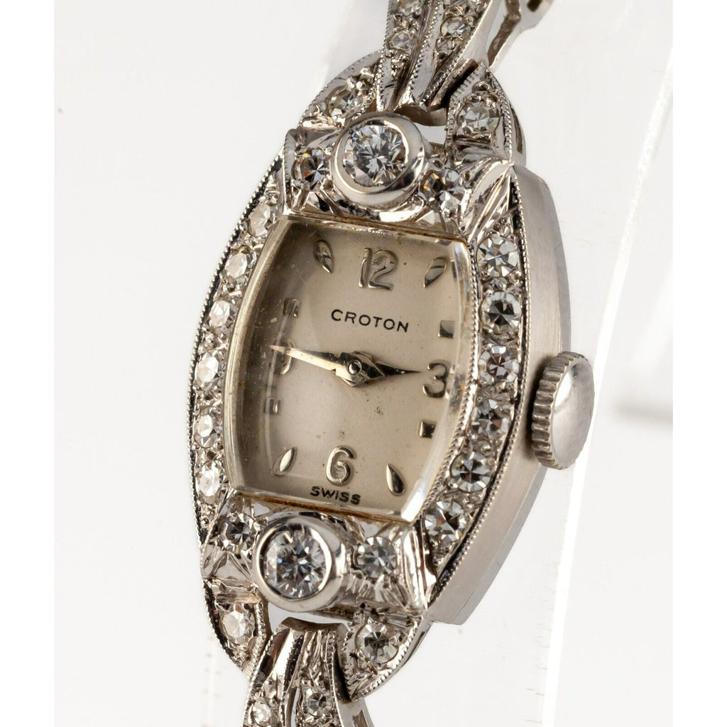 14k White Gold Croton Ladies Dress Watch w/ Diamonds Hand-Winding