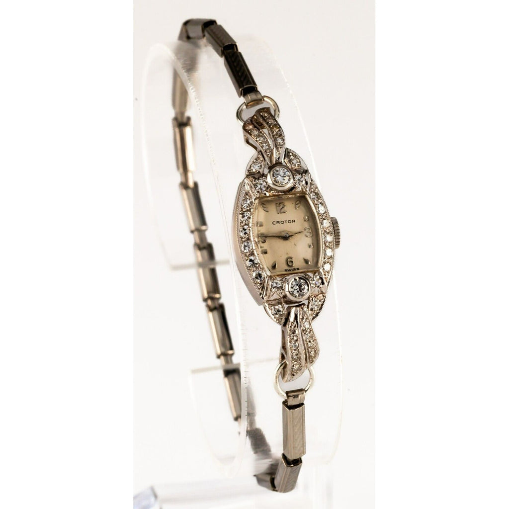 14k White Gold Croton Ladies Dress Watch w/ Diamonds Hand-Winding