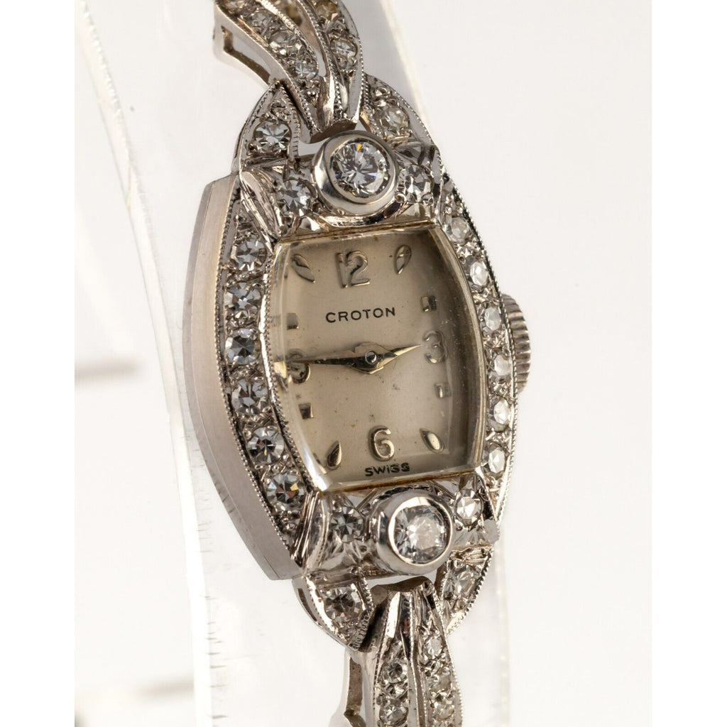 14k White Gold Croton Ladies Dress Watch w/ Diamonds Hand-Winding