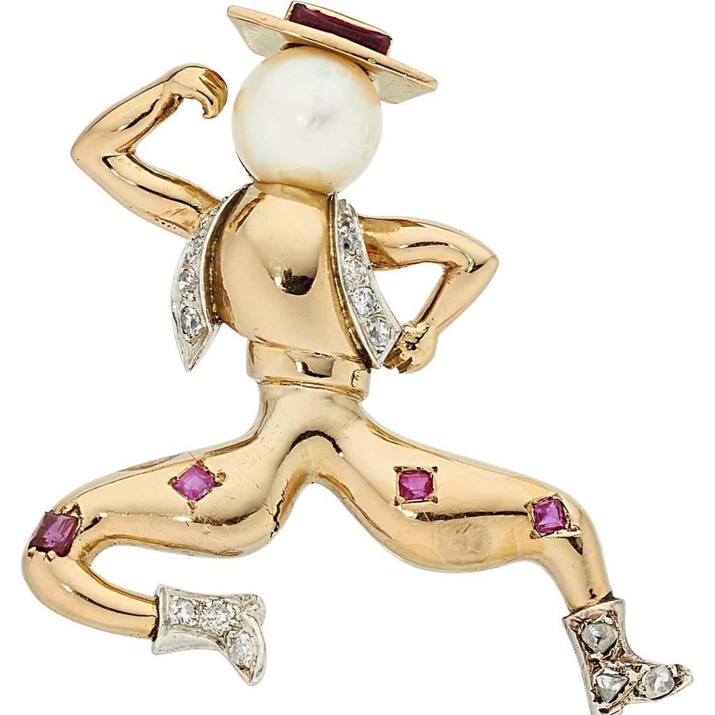 18k Yellow Gold Cowboy Spanish Dancer Brooch w/ Ruby, Pearl, Diamond