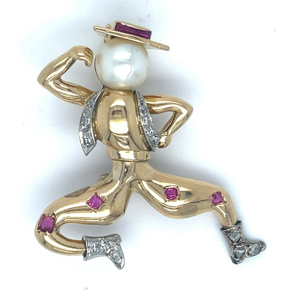 18k Yellow Gold Cowboy Spanish Dancer Brooch w/ Ruby, Pearl, Diamond
