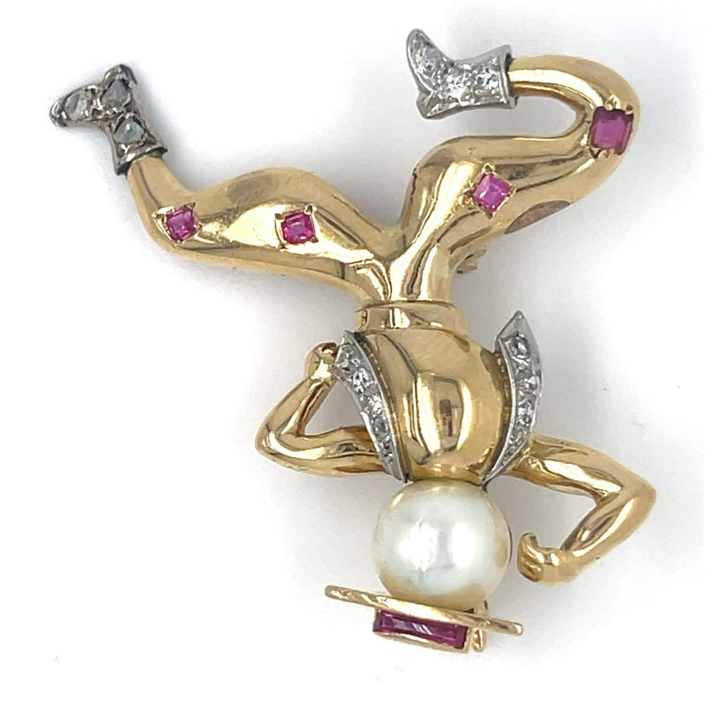 18k Yellow Gold Cowboy Spanish Dancer Brooch w/ Ruby, Pearl, Diamond