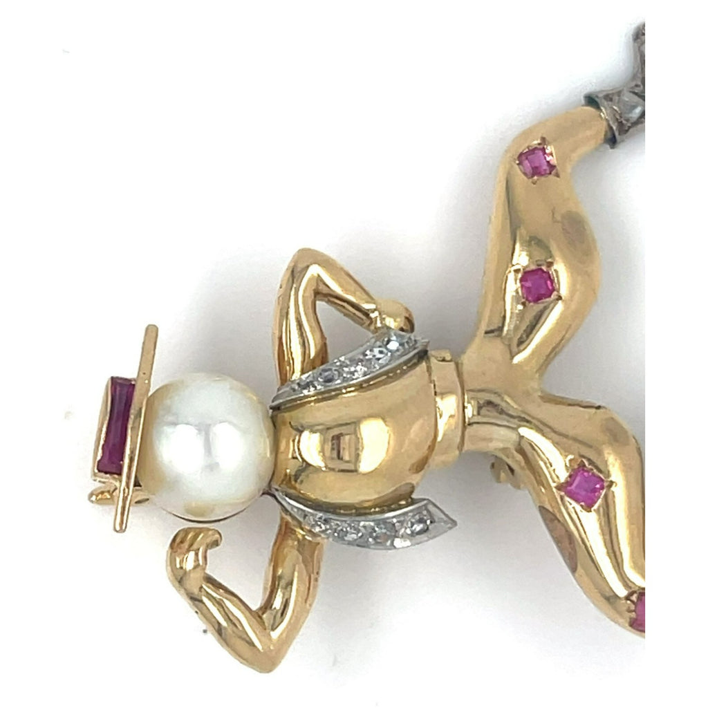 18k Yellow Gold Cowboy Spanish Dancer Brooch w/ Ruby, Pearl, Diamond