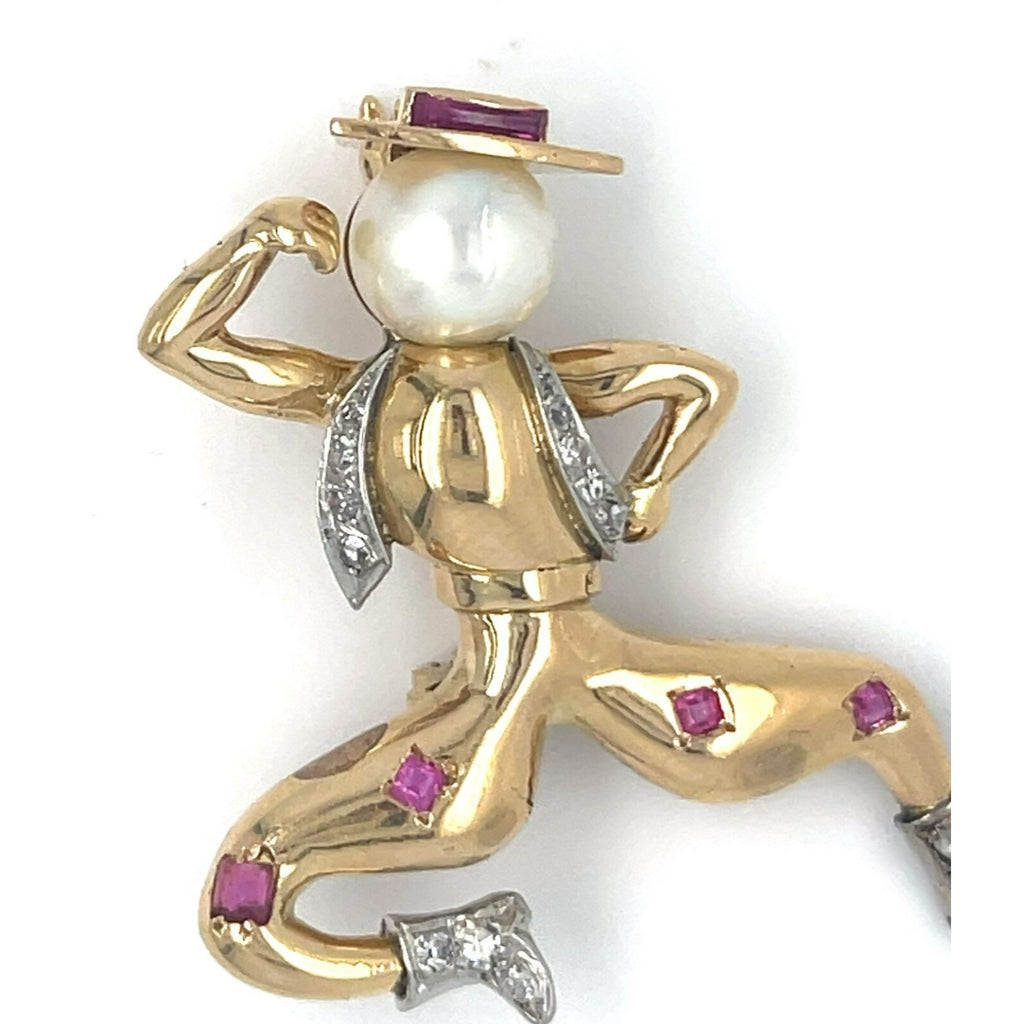 18k Yellow Gold Cowboy Spanish Dancer Brooch w/ Ruby, Pearl, Diamond