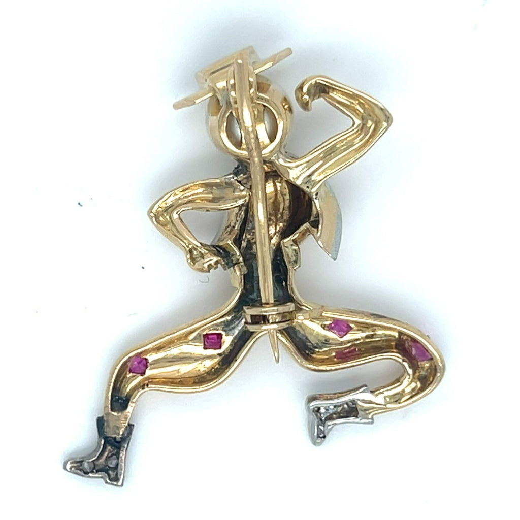 18k Yellow Gold Cowboy Spanish Dancer Brooch w/ Ruby, Pearl, Diamond