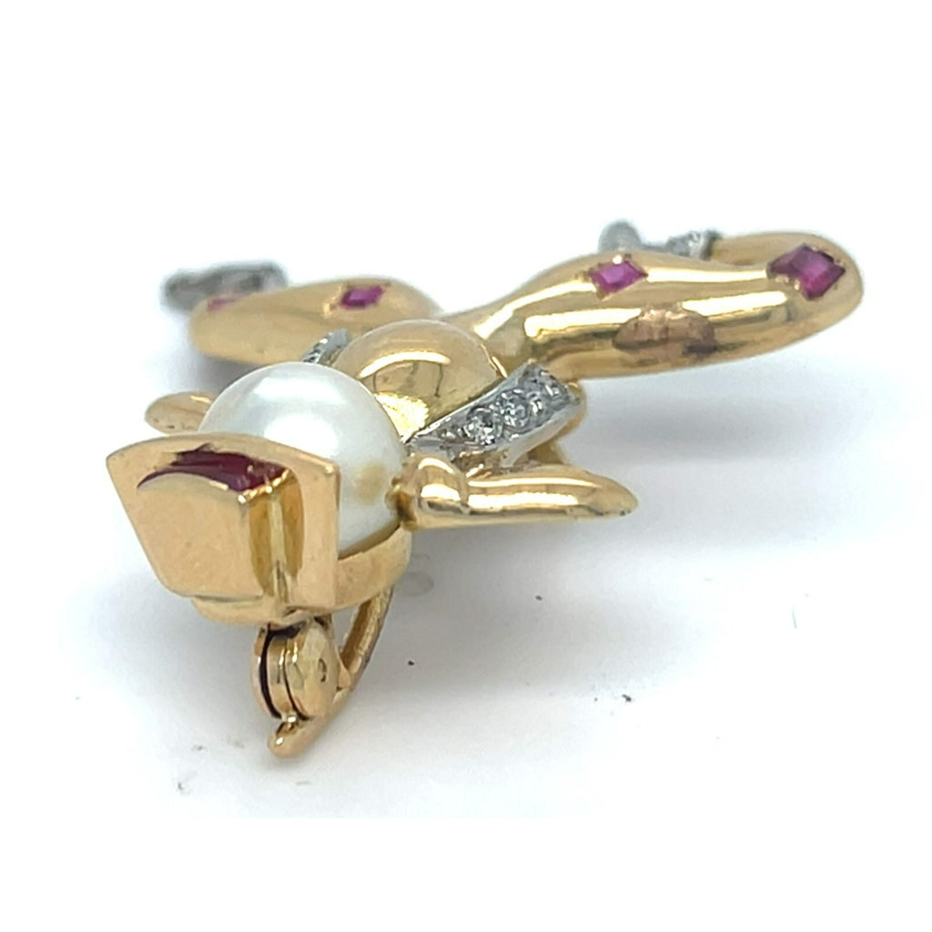 18k Yellow Gold Cowboy Spanish Dancer Brooch w/ Ruby, Pearl, Diamond