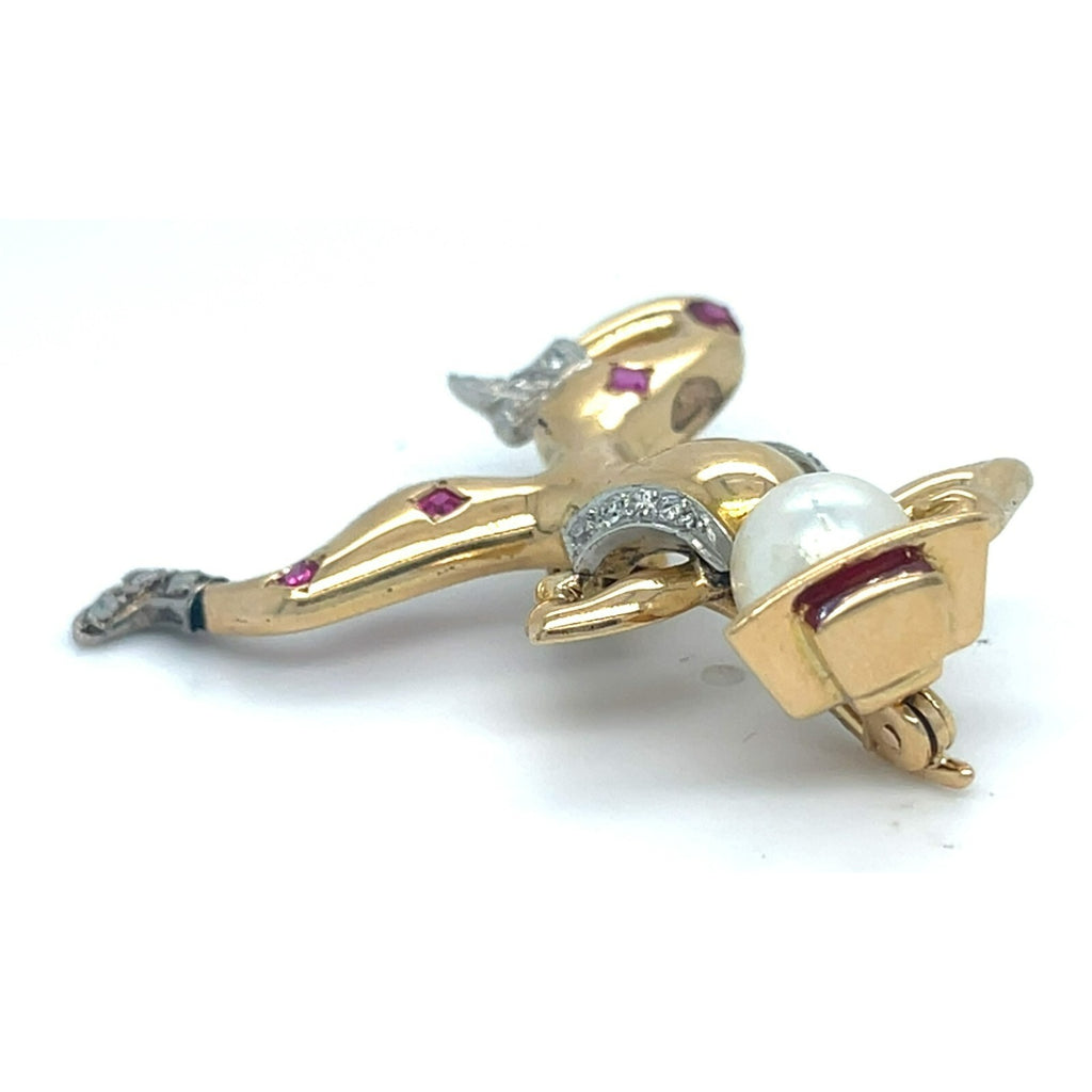 18k Yellow Gold Cowboy Spanish Dancer Brooch w/ Ruby, Pearl, Diamond