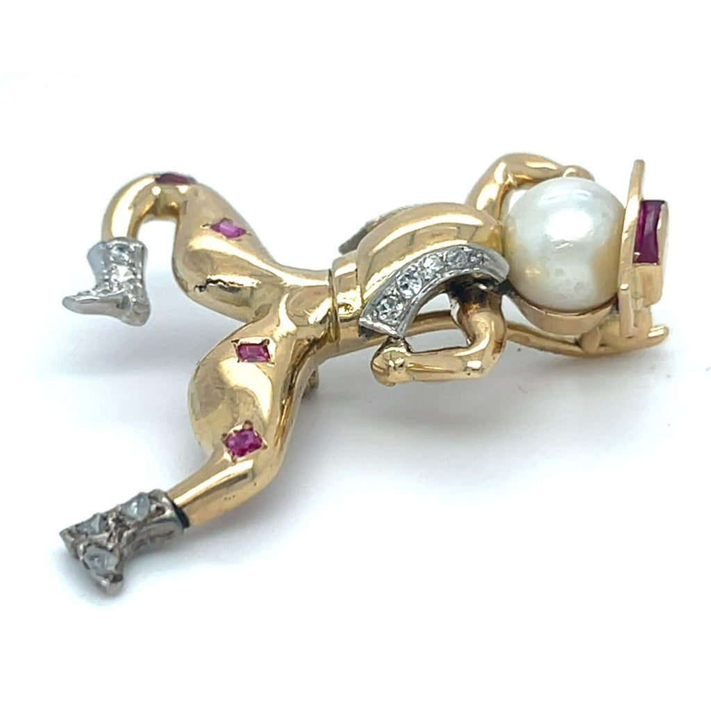 18k Yellow Gold Cowboy Spanish Dancer Brooch w/ Ruby, Pearl, Diamond