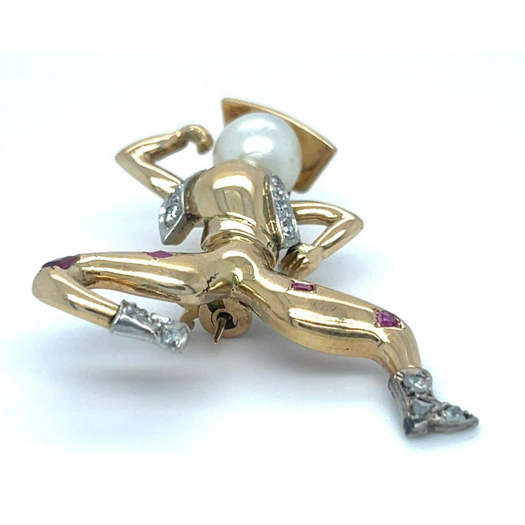 18k Yellow Gold Cowboy Spanish Dancer Brooch w/ Ruby, Pearl, Diamond