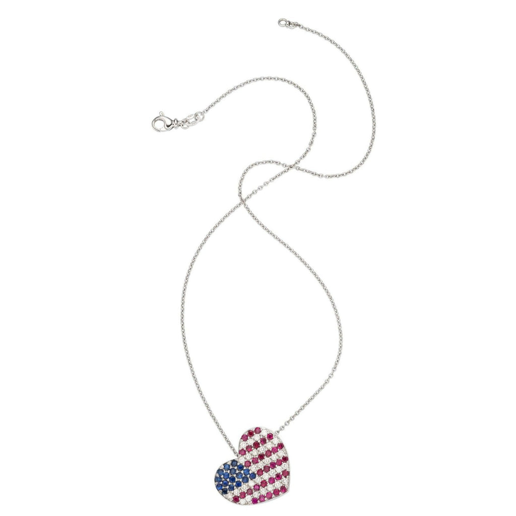 18k White Gold Diamond, Ruby, Sapphire American Flag Heart Pendant 16"