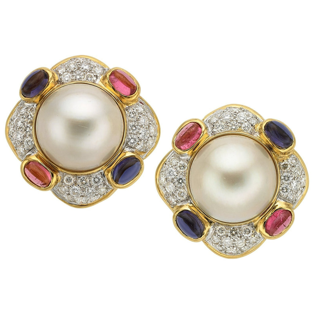 18k Yellow Gold Mabe Pearl, Diamond, Tourmaline, and Iolite Ear Clips