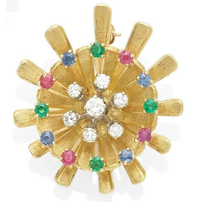 Carl D. Lindstrom 18k Gold Pinwheel Brooch w/ 0.28ct Diamonds and Gemstone