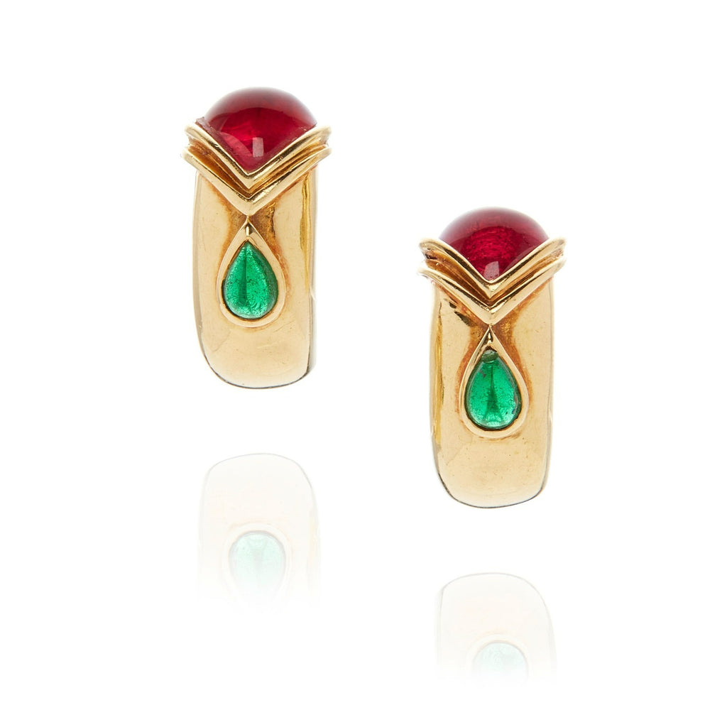 18k Yellow Gold Pink and Green Tourmaline Huggie Ear Clips Gorgeous!