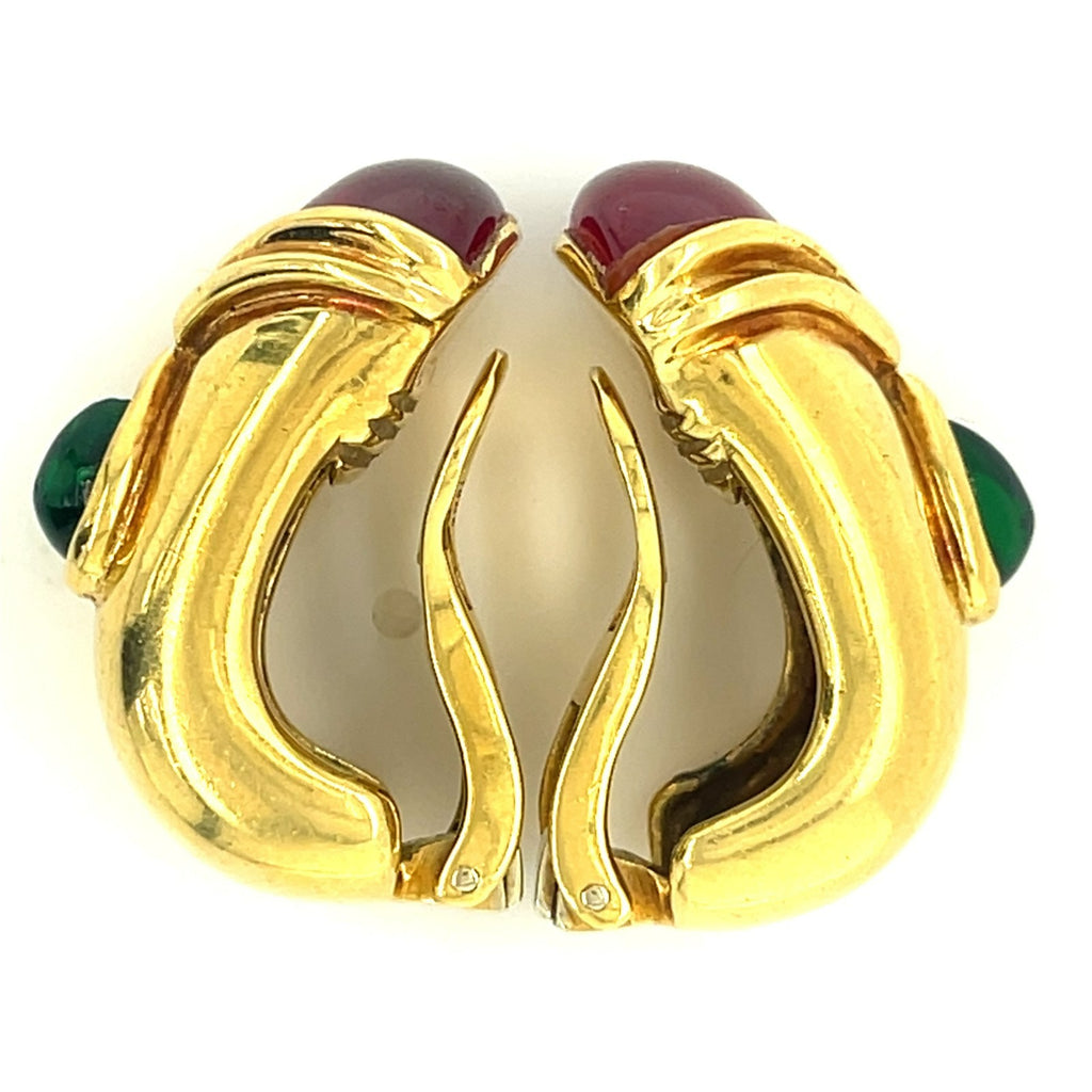 18k Yellow Gold Pink and Green Tourmaline Huggie Ear Clips Gorgeous!