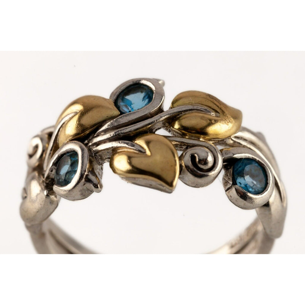 Barbara Bixby Sterling & 18k Leaves/ Vine Design Blue Topaz Ring, Size 10