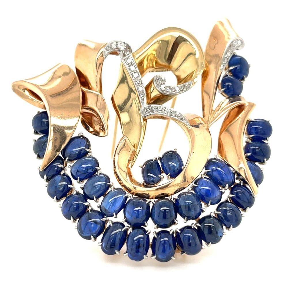 Trabert & Hoeffer Mauboussin Platinum-Topped 14k Gold Brooch w/ Sapphire and Diamonds.