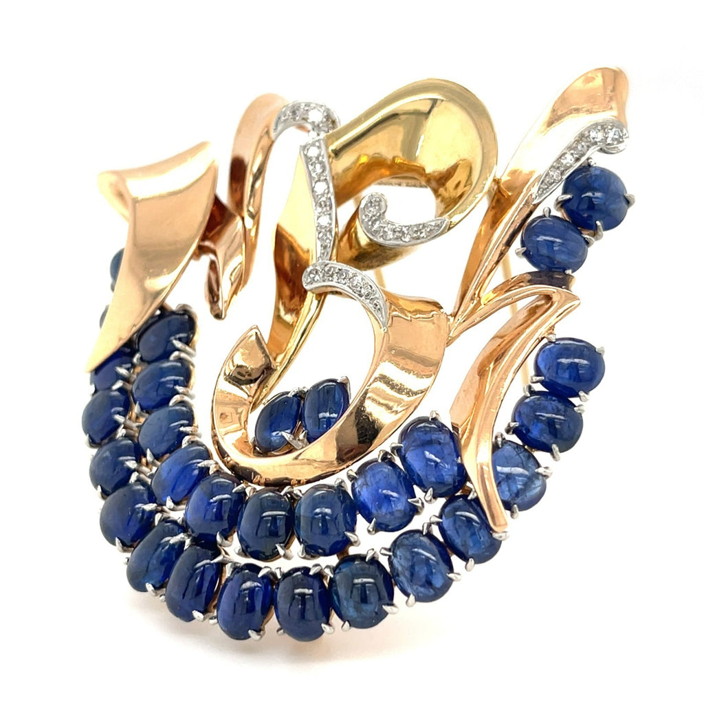 Trabert & Hoeffer Mauboussin Platinum-Topped 14k Gold Brooch w/ Sapphire and Diamonds.