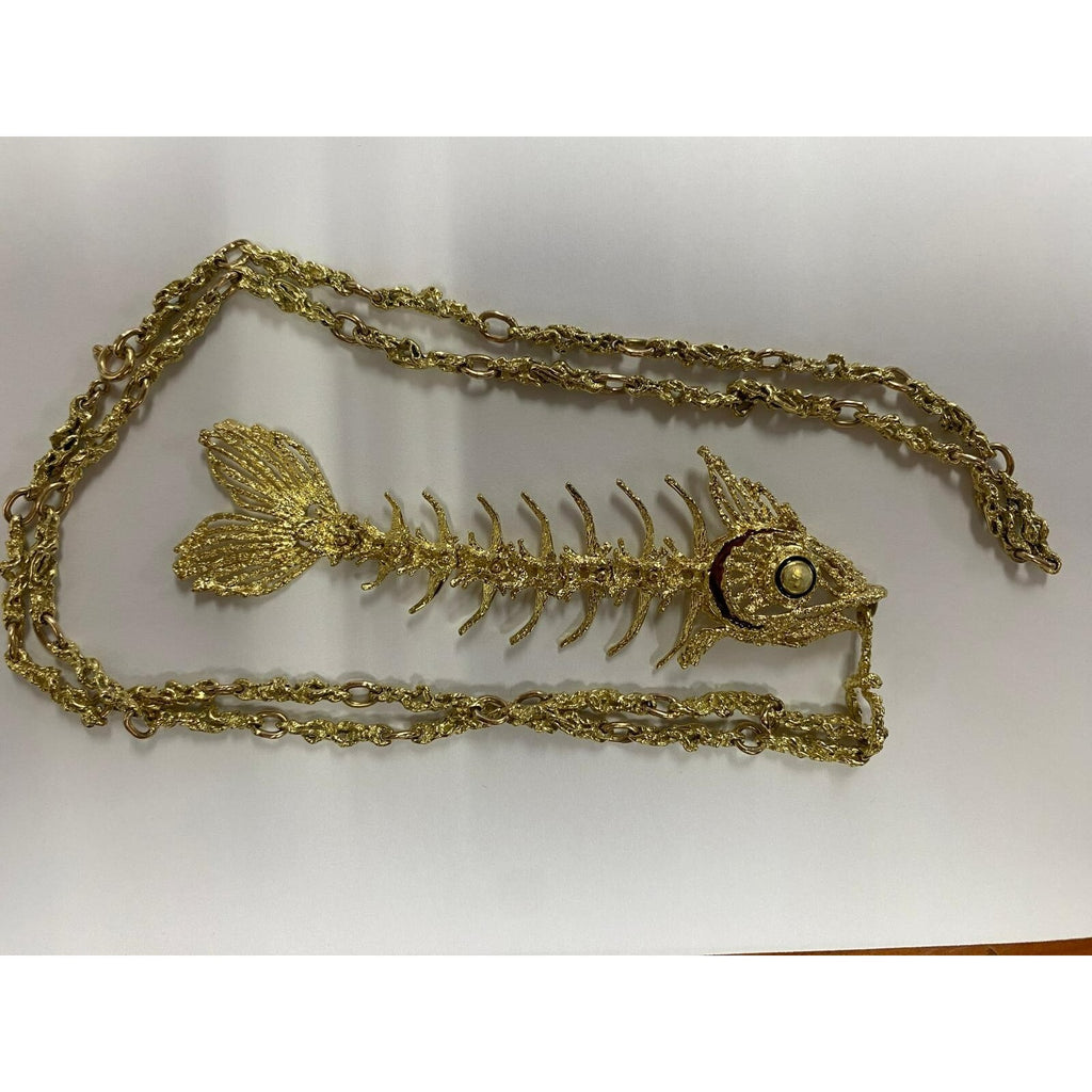 18k Yellow Gold Italian Articulating Fish Bone Pendant w/ 25" Textured Chain