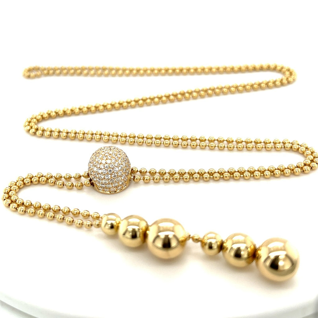 18K Yellow Gold Ball Chain Lariat Necklace w/ 1 CT Diamonds Accents 35”