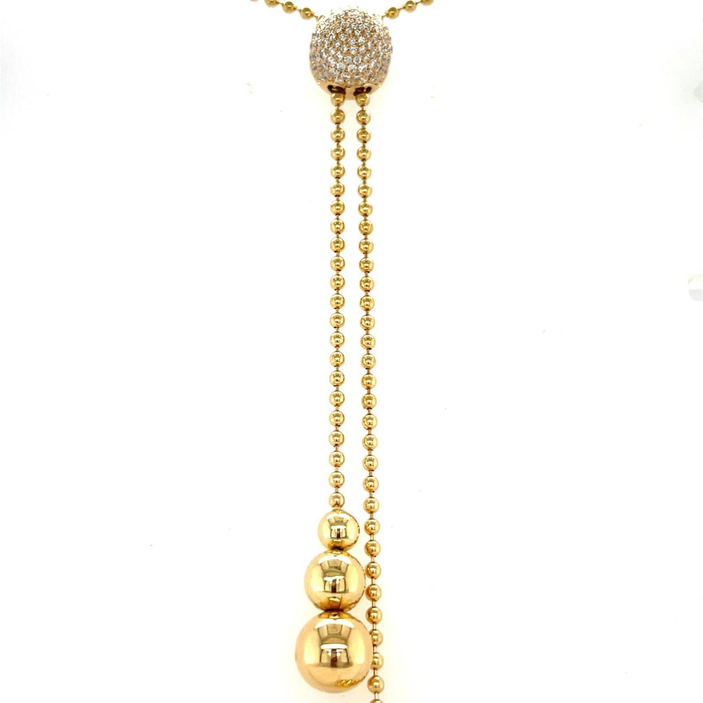 18K Yellow Gold Ball Chain Lariat Necklace w/ 1 CT Diamonds Accents 35”