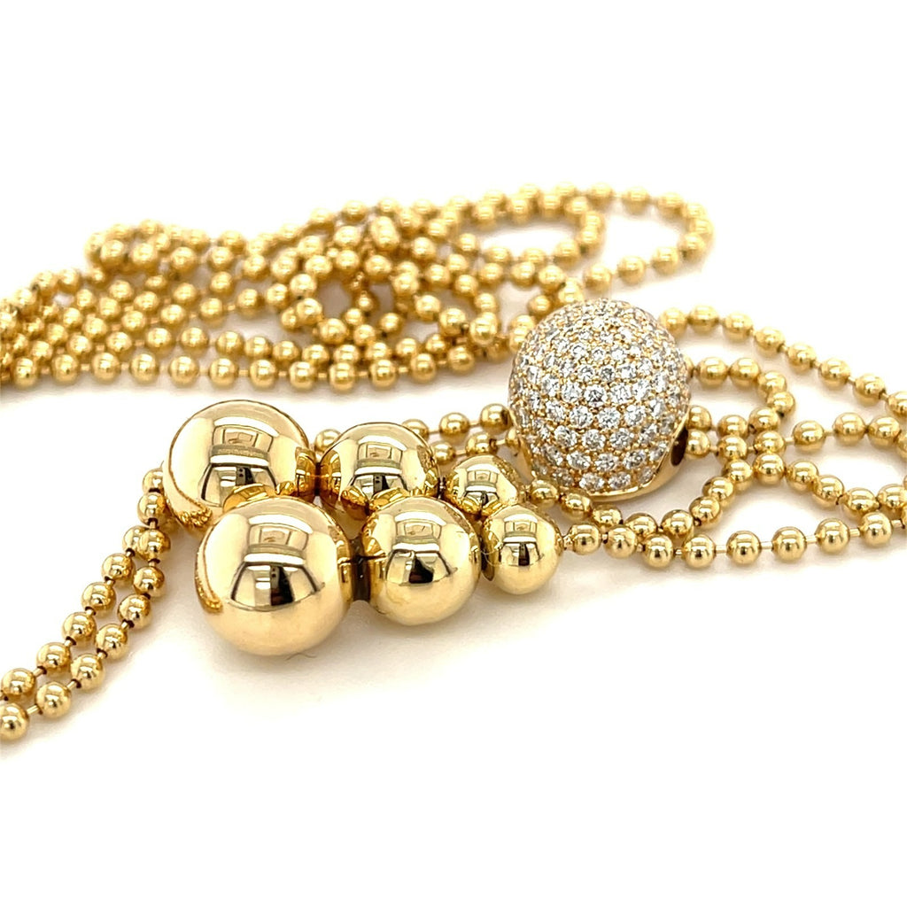 18K Yellow Gold Ball Chain Lariat Necklace w/ 1 CT Diamonds Accents 35”