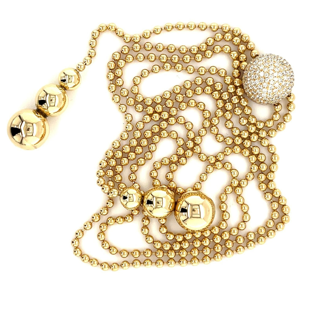 18K Yellow Gold Ball Chain Lariat Necklace w/ 1 CT Diamonds Accents 35”