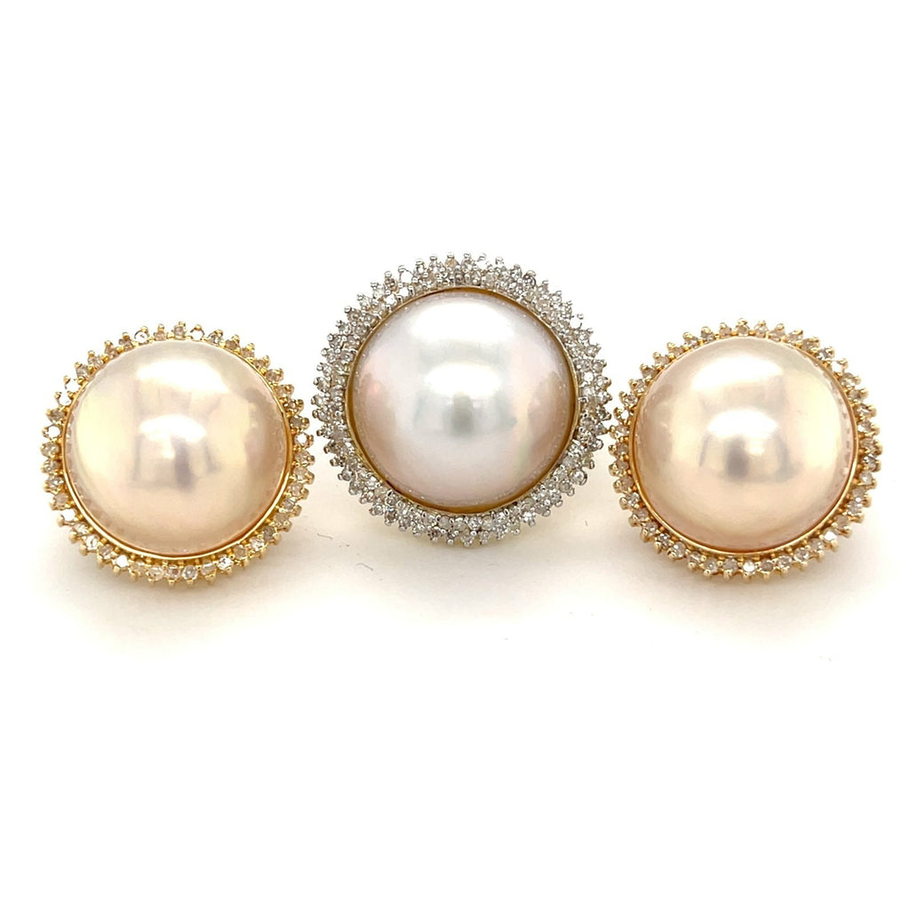 14k Yellow Gold Mabe Pearl Jewelry Set w/ Diamond Accents, Ring & Earrings, Size 8.75