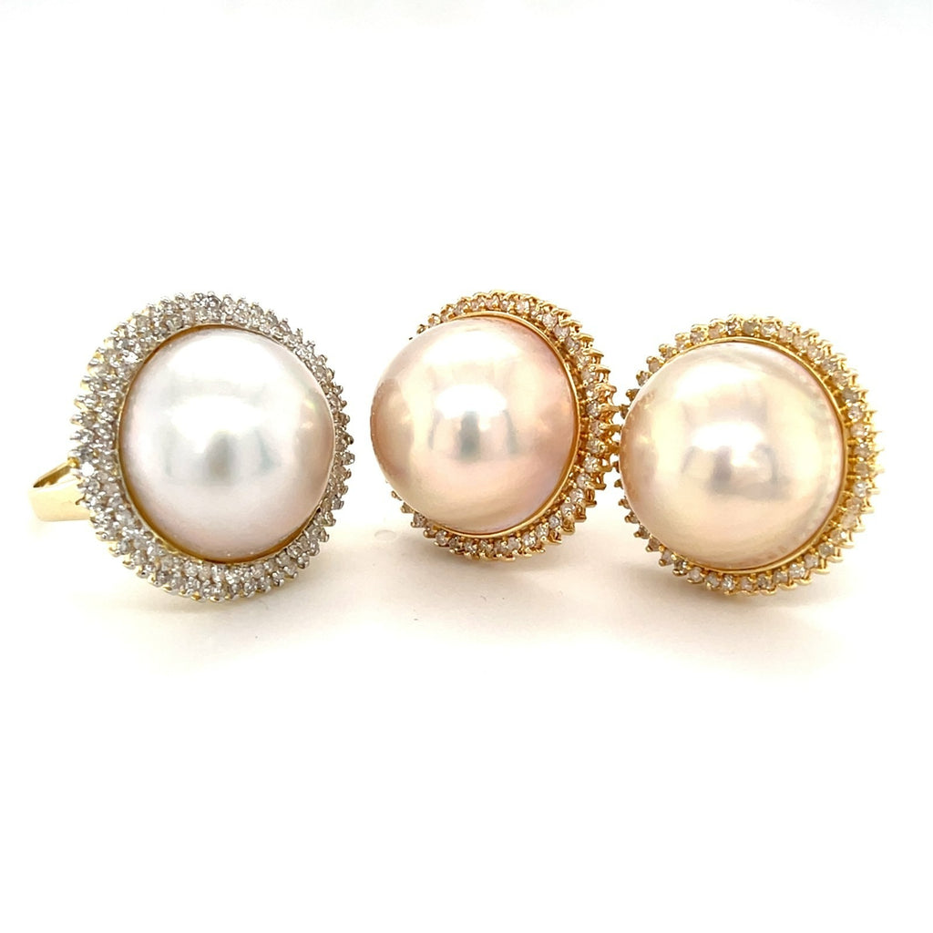 14k Yellow Gold Mabe Pearl Jewelry Set w/ Diamond Accents, Ring & Earrings, Size 8.75