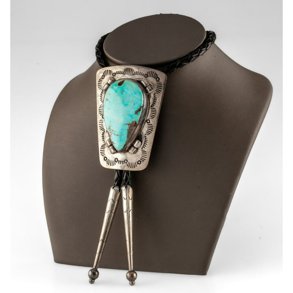 Sterling Silver Trapezoid Plaque Turquoise Bolo Tie with Braided Leather Strap