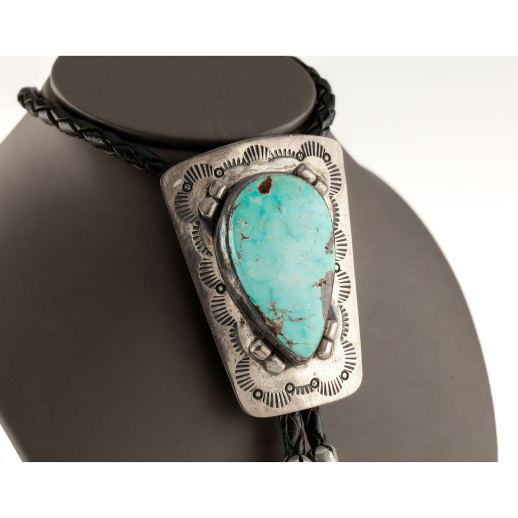 Sterling Silver Trapezoid Plaque Turquoise Bolo Tie with Braided Leather Strap