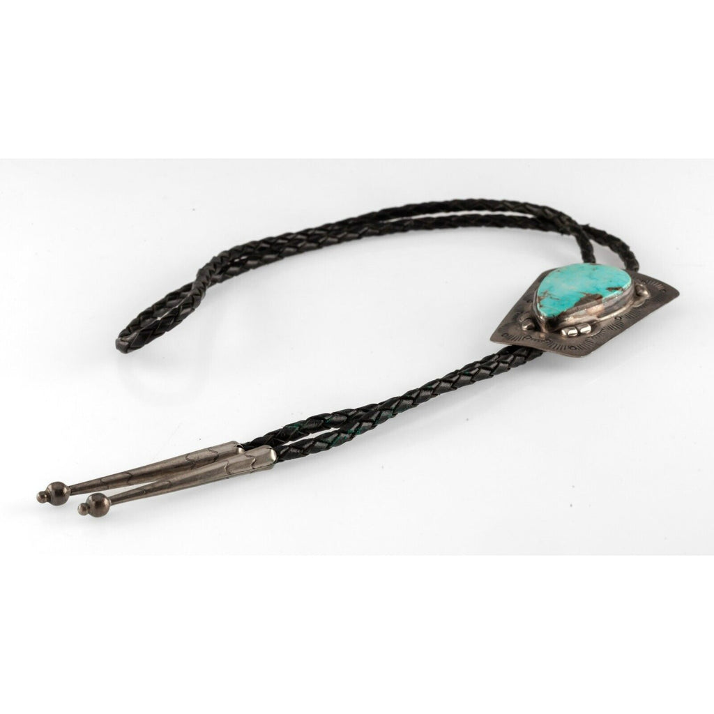 Sterling Silver Trapezoid Plaque Turquoise Bolo Tie with Braided Leather Strap