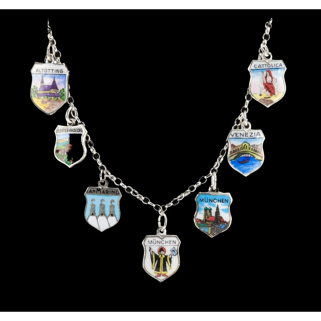 Beautiful Vintage 800 Silver Enamel Italian Shield City Charm Bracelet 8.25"