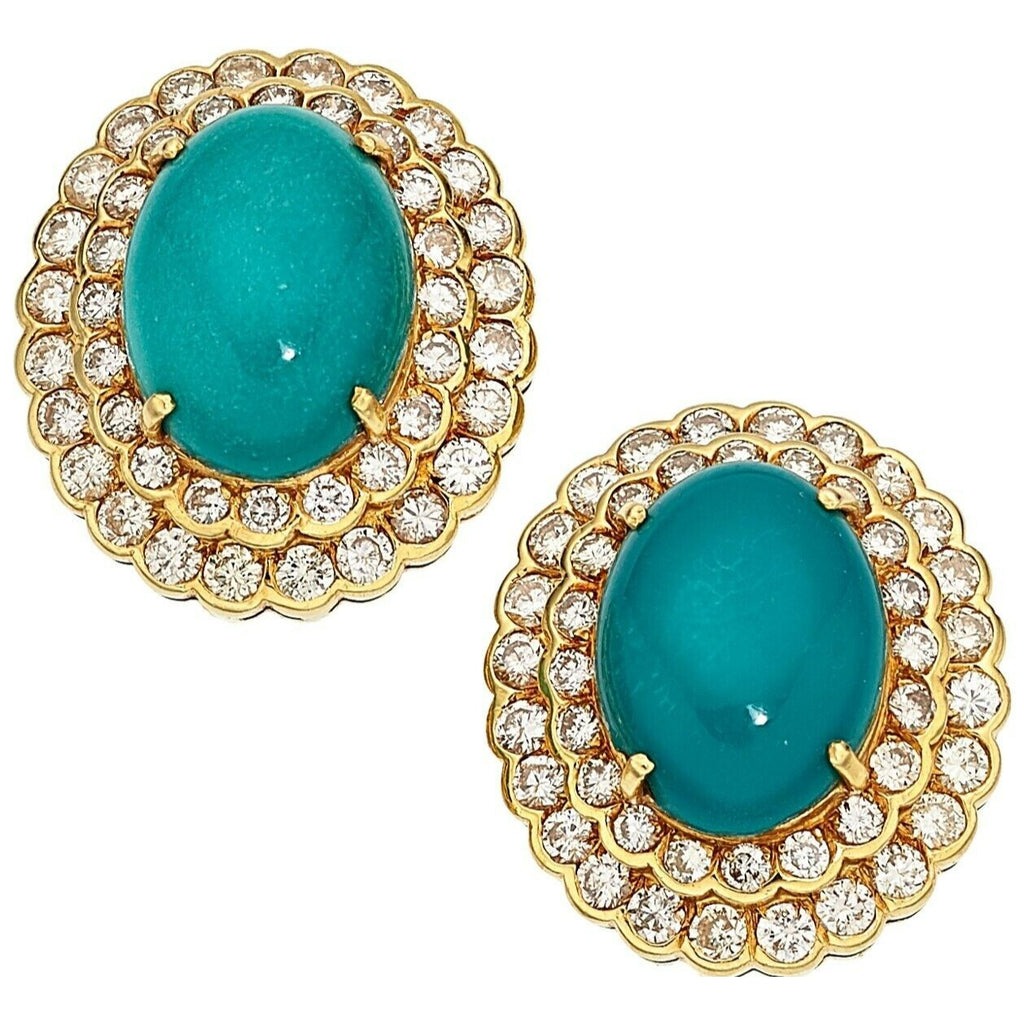 18k Yellow Gold Turquoise Cabochon 3.15 ct Diamond Double Bezel Clip-On Earrings