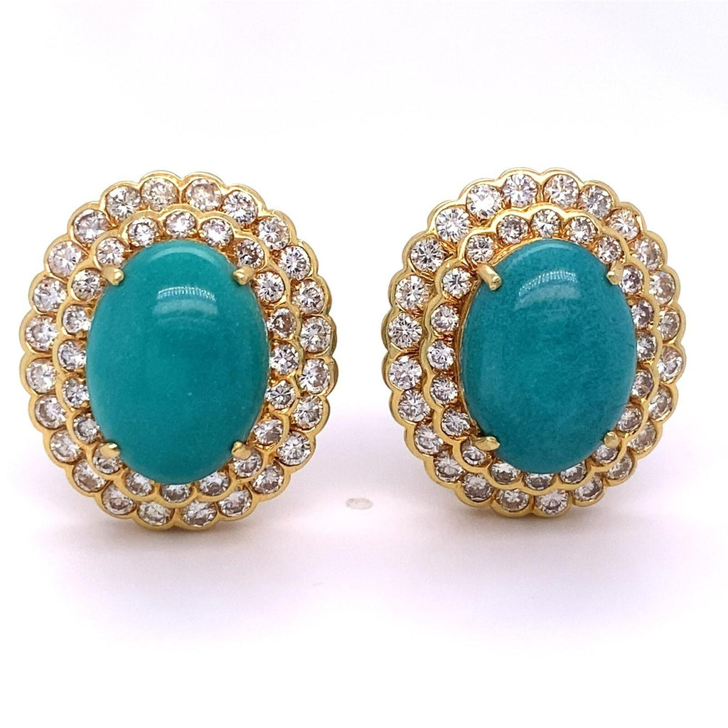 18k Yellow Gold Turquoise Cabochon 3.15 ct Diamond Double Bezel Clip-On Earrings