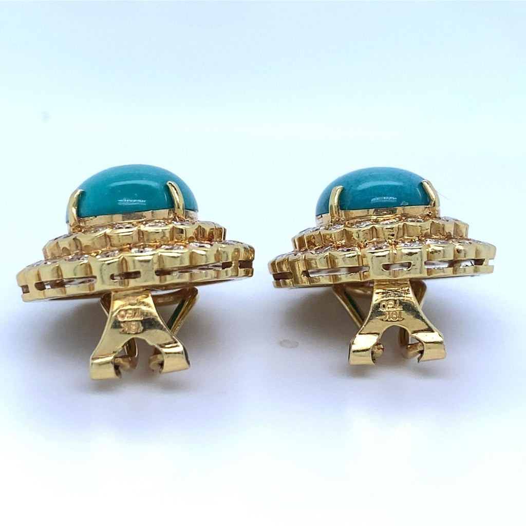 18k Yellow Gold Turquoise Cabochon 3.15 ct Diamond Double Bezel Clip-On Earrings