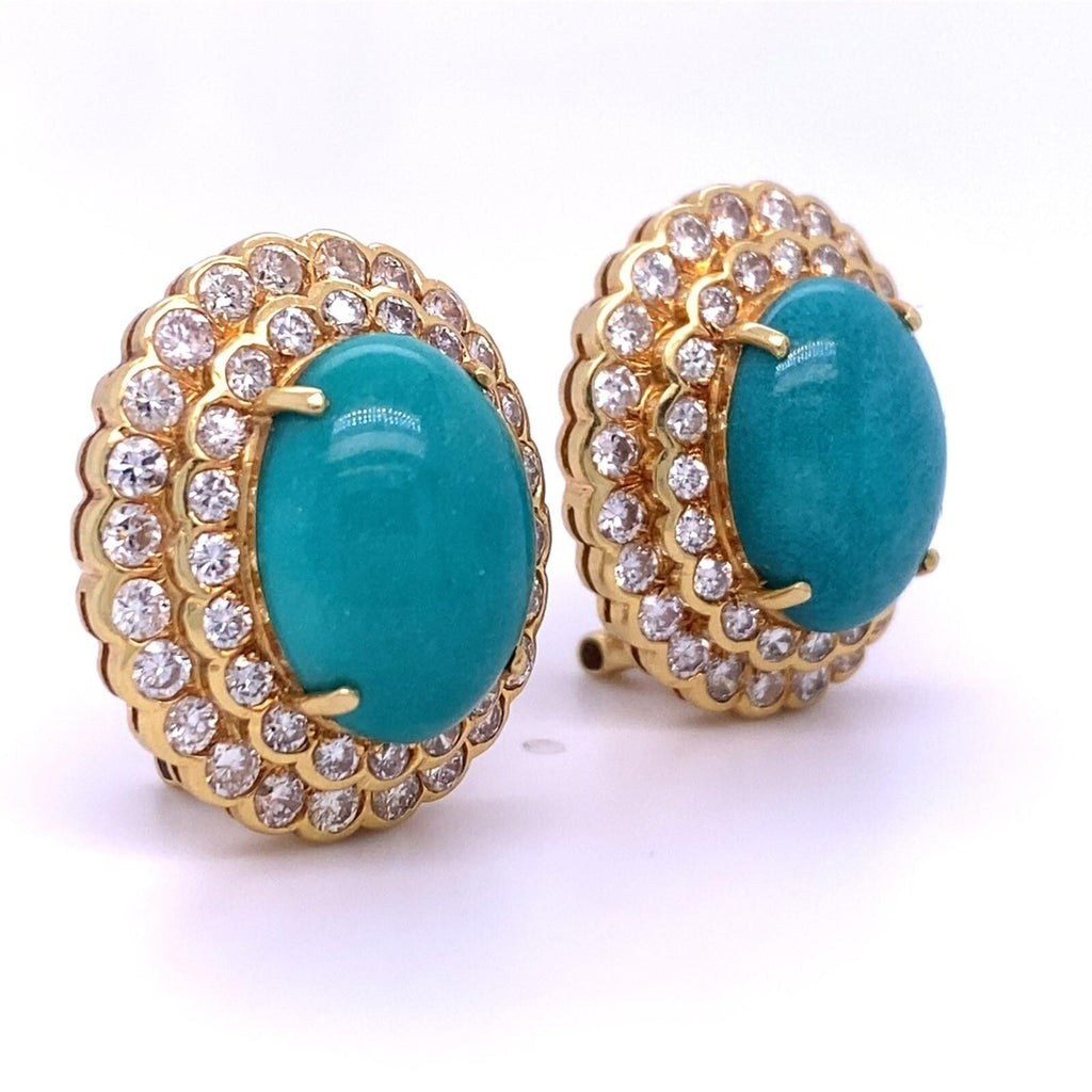 18k Yellow Gold Turquoise Cabochon 3.15 ct Diamond Double Bezel Clip-On Earrings