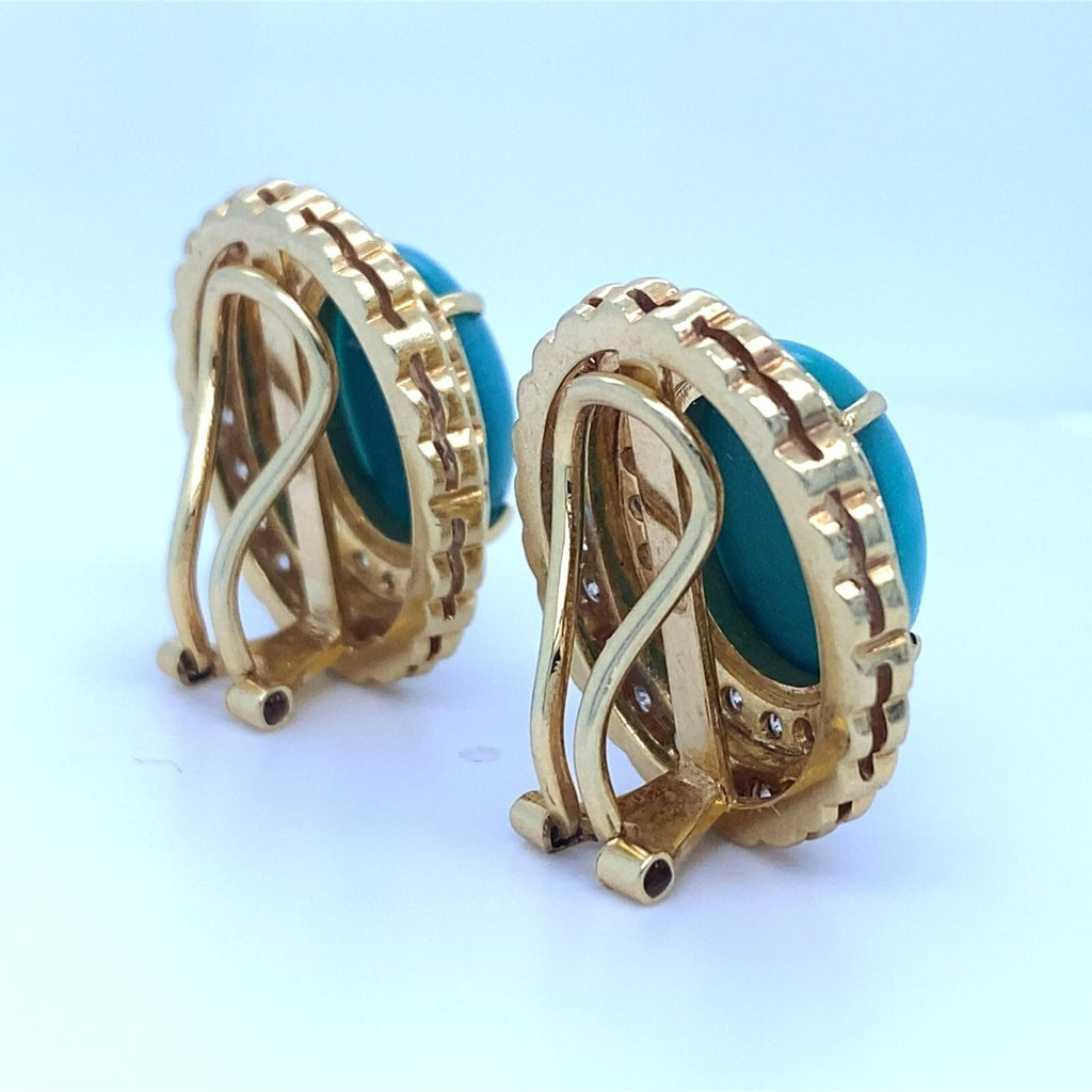18k Yellow Gold Turquoise Cabochon 3.15 ct Diamond Double Bezel Clip-On Earrings
