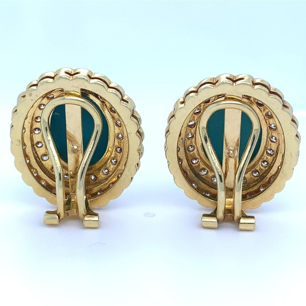 18k Yellow Gold Turquoise Cabochon 3.15 ct Diamond Double Bezel Clip-On Earrings
