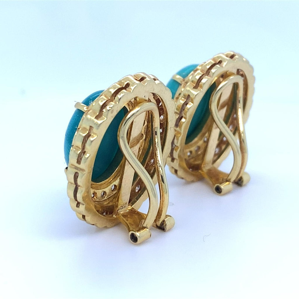 18k Yellow Gold Turquoise Cabochon 3.15 ct Diamond Double Bezel Clip-On Earrings