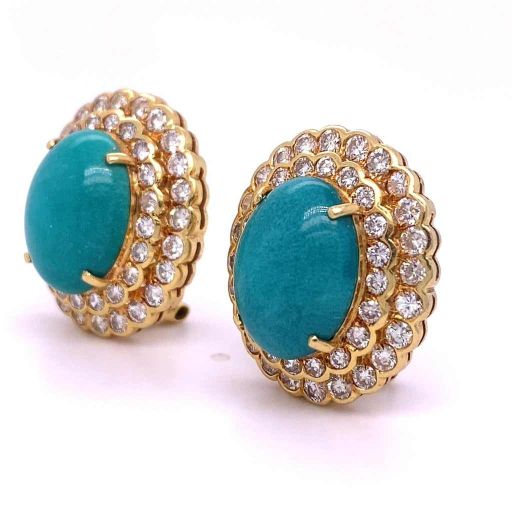 18k Yellow Gold Turquoise Cabochon 3.15 ct Diamond Double Bezel Clip-On Earrings