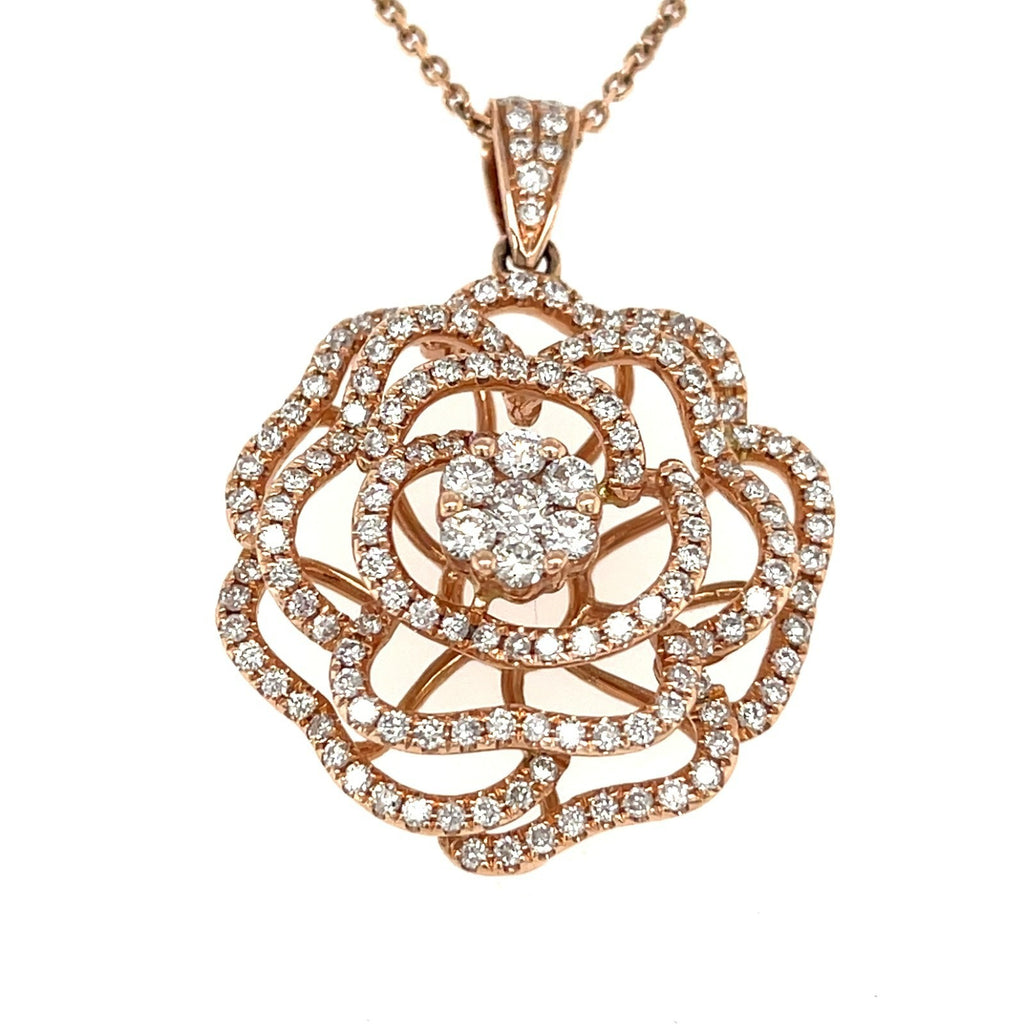 14K Rose Gold Openwork Rose Pendant Simon G. 1.76 ctw Diamonds 15” Chain