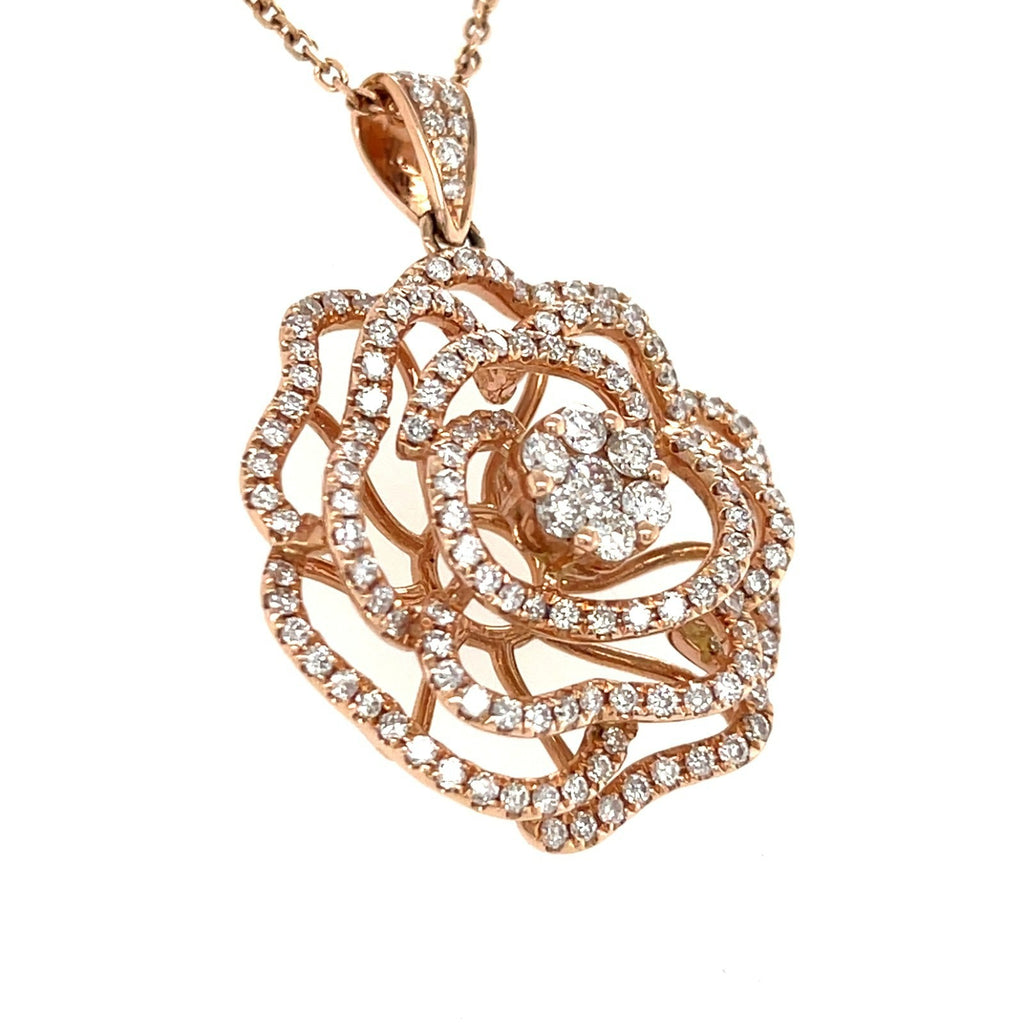 14K Rose Gold Openwork Rose Pendant Simon G. 1.76 ctw Diamonds 15” Chain